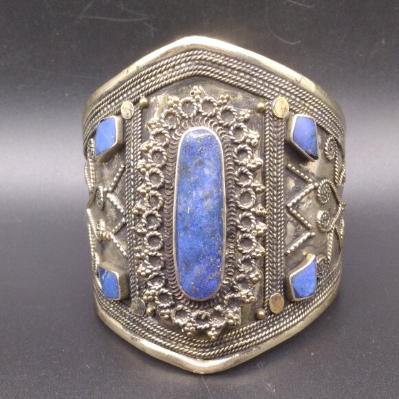 Vintage Tribal Cuff Bracelet Cannetille Silver Tone Etruscan & Sodalite Stone - Picture 1 of 6